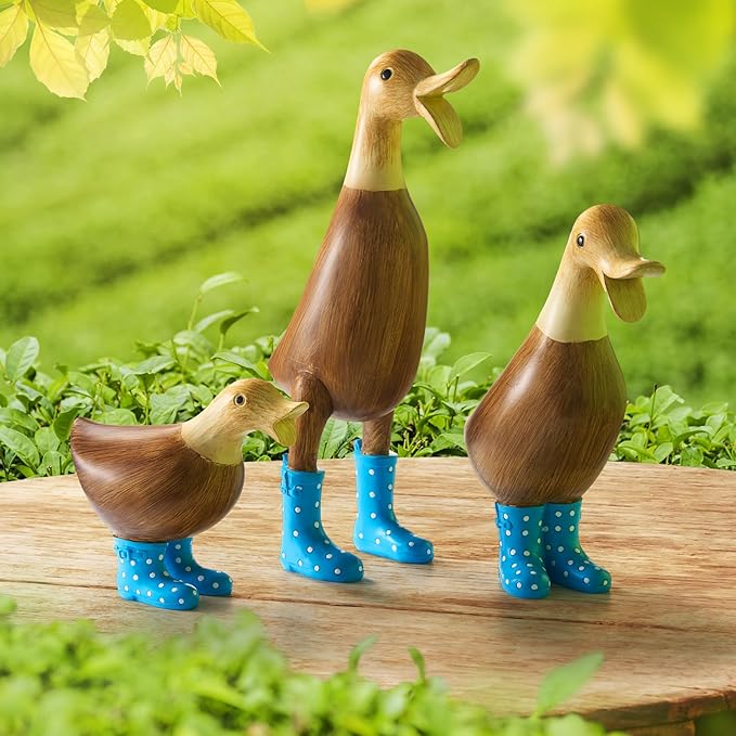 GUTE Duck Yard Decorations Yard Art Garden Puddle Ducks with Blue Spotted Wellies Boots, Set of 3 - Garden Decor Statues, Duck Figurine Statue - Waterproof Indoor & Outdoor Lawn Gnome Ornament
