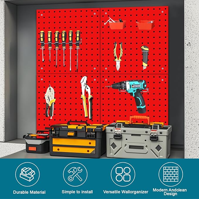 4 Pack Steel Peg Board,Universal 1/8 and 1/4 Pegboard Accessories,Ideal for Garage Tool Storage, Office Organization, Craft Room, Kitchen etc. (Red, 4-12X12)