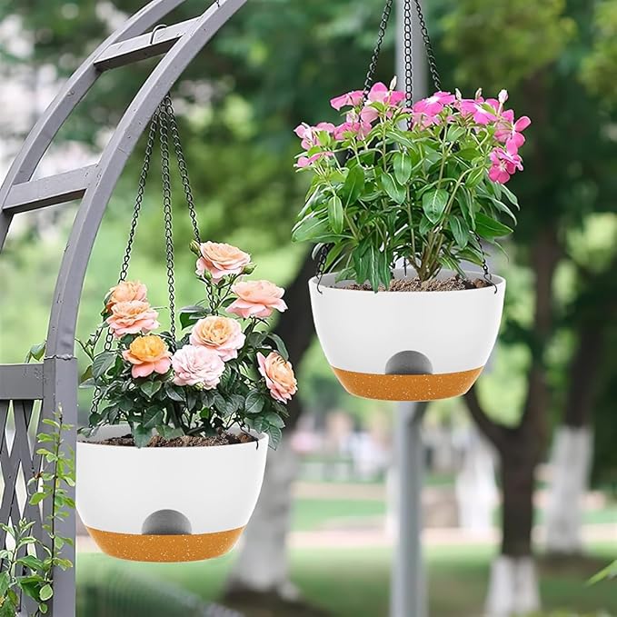 12 Inch Hanging Baskets 2 PC with Chains, Self-Watering Hanging Planters for Indoor Outdoor Plants, Plastic Hanging Flower Pots,White Brown