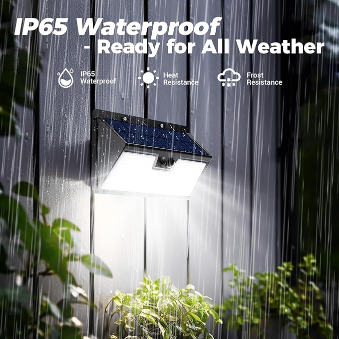 4 Pack Solar Lights Outdoor Motion Sensor, 318 LED Waterproof Fence Light with 3 Lighting Mode, Cool White LED Deck Light for Outside Wall Yard Chichen CoopGarden