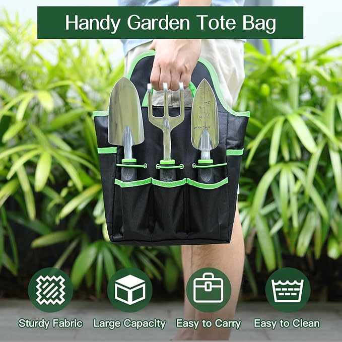 Gardening Tools Set, 8PCS Heavy Duty Garden Tools with Non-Slip Rubber Grip with Large Garden Bag for Tools Aluminum Alloy Hand Tools for Gardening,Gardening Gifts for Women and Men, Green
