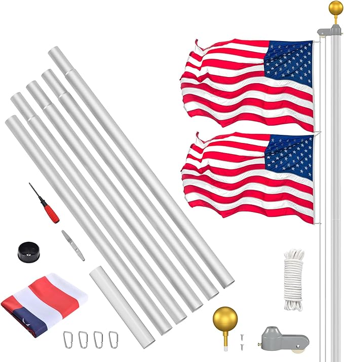 Flag Pole Kit 20FT, 12 Gauge 1.8mm Thickness Heavy Duty Flag Poles with 3x5 American Flag, Silver Flag Pole for Outdoor House In Ground, Extra Thick Flagpoles Suitable for Yard and Garden