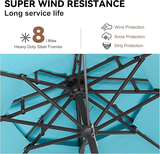 9ft Outdoor Patio Umbrella - 2 Tiers Table Umbrella Waterprool UV Protection, Sombrillas de Patio with Push Button Tilt&Crank, Sun Umbrella for Pool, Porch, Garden, Backyard(Sky Blue)