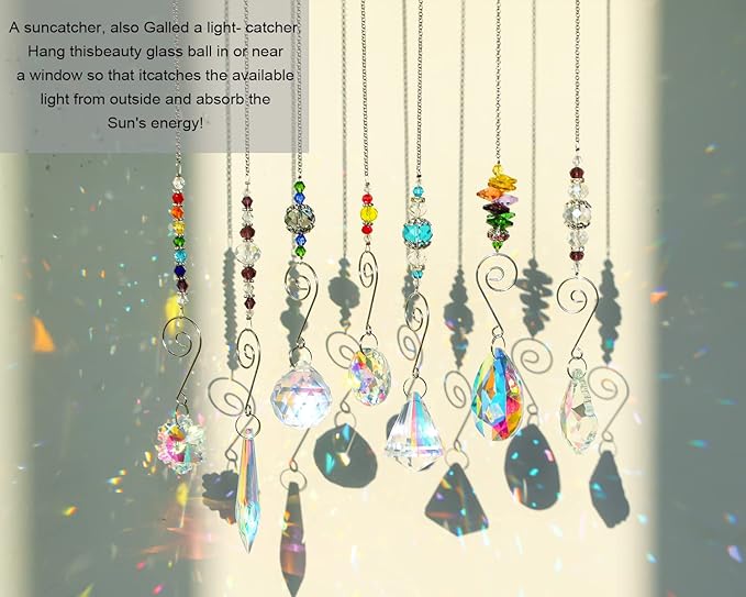 7PCS Crystal SunCatchers Hanging Sun Catcher with Colorful Beads Prism Chain Pendant Christmas Ornament, Window Home Wall Tree Cars Hanging Decoration
