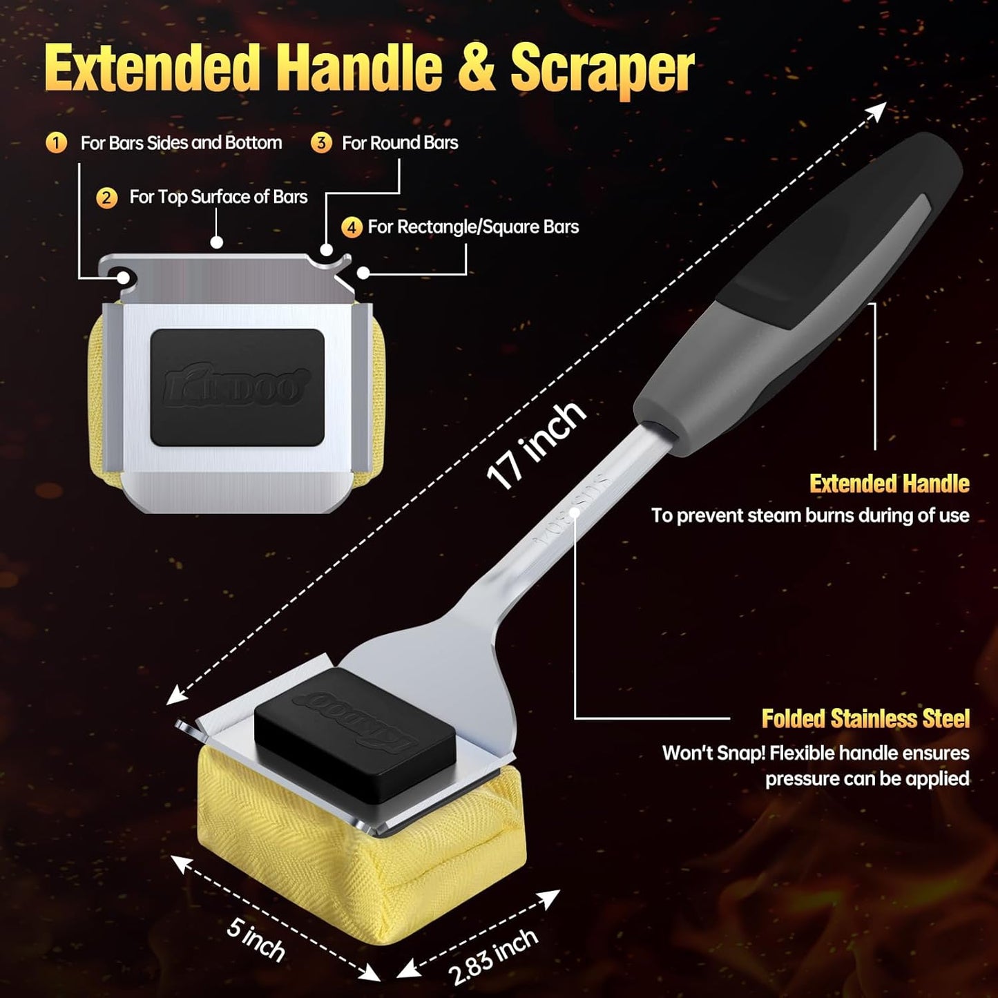 Grill Cleaning Brush Bristle Free for Outdoor Grill Brush Extended Handle for Cast Iron Stainless-Steel Grates, Replaceable BBQ Cleaner Brush Head, Steam Safe Grill Brush with Scraper, Black