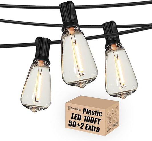 DAMAING Outdoor String Lights LED 100 FT Patio String Lights,52 ST38 Shatterproof Edison Style LED Bulbs,Vintage Plastic Outdoor Lights Waterproof for Bistro Gazebos Backyard Balcony Porch.