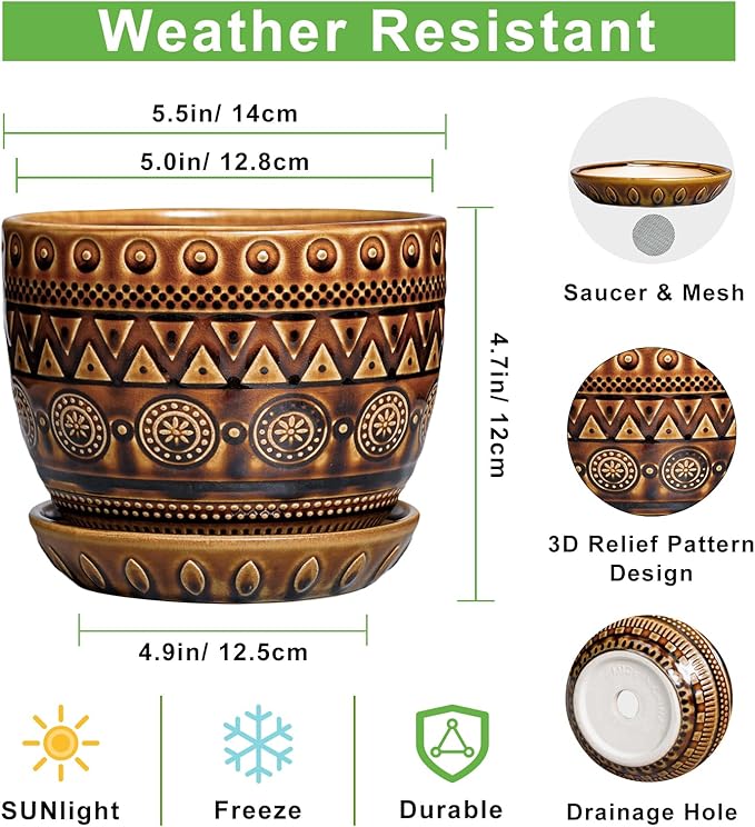 G EPGardening Ceramic Pot for Plants 5.5 Inch - Ceramic Plant Pot with Drainage Hole and Saucer, Boho Round Planter for Indoor Outdoor Plants, Plant Lover Gifts, Office Garden House Decor, Brown