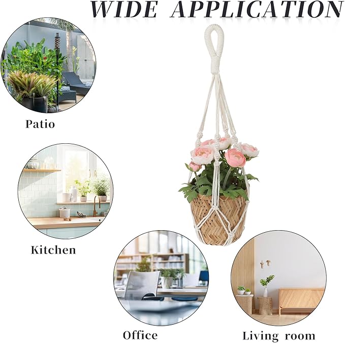 2 PCS Macrame Plant Hanger Indoor Hanging Plant Holder Hand-Woven Cotton Rope Flower Pot Basket with Metal Hook Rings Window Plant Hanger for Outdoor Hanging Pots Home Boho Decor, No Tassels, 23.6"