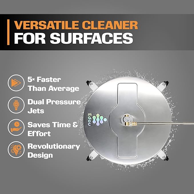 EDOU 18 inch Pressure Washer Surface Cleaner - Stainless Steel Power Washer Attachment - 4,000 PSI Max - Concrete Cleaner with Dual Nozzles and Extension Wands - Silver