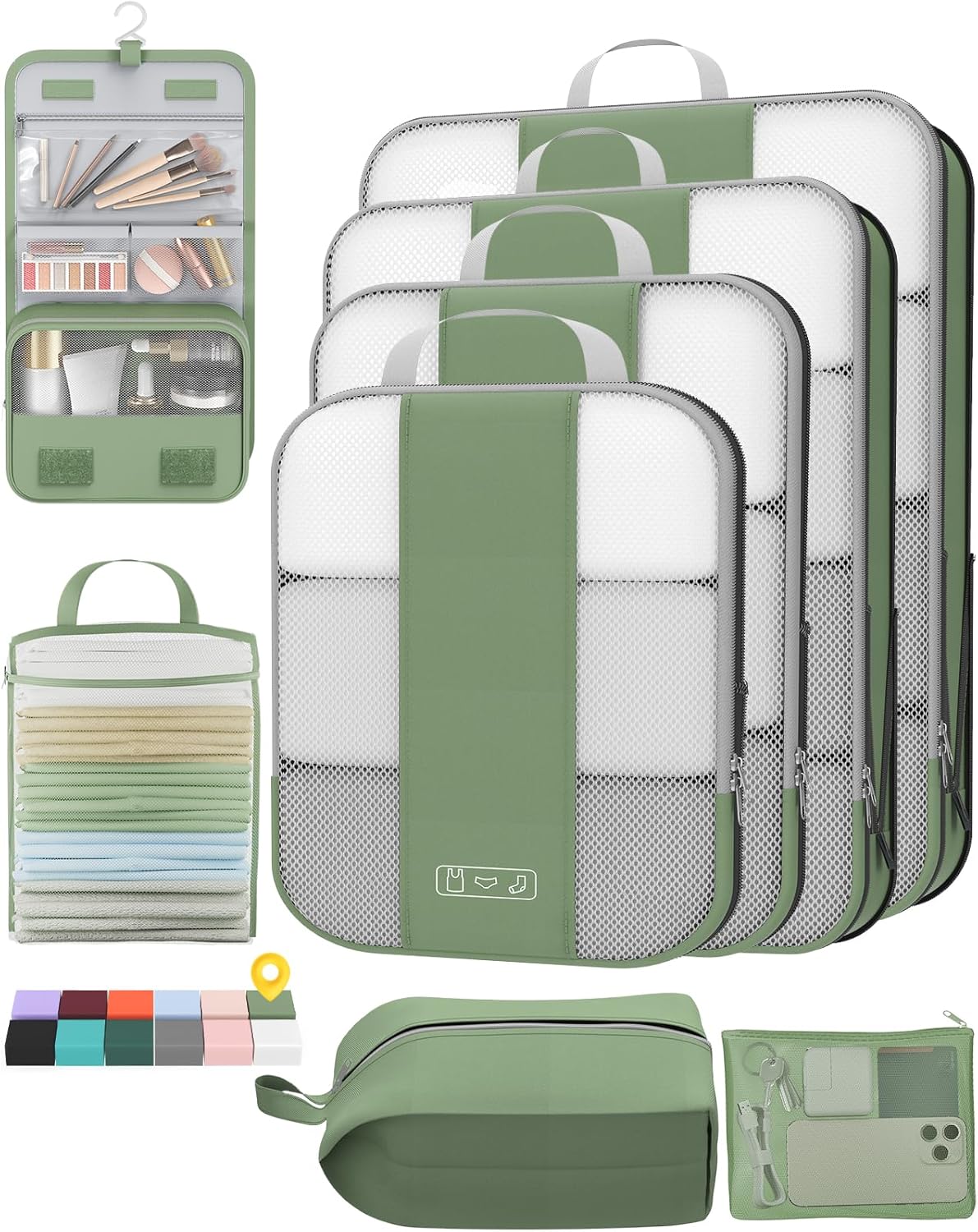 8 Set Compression Packing Cubes for Travel Essentials,Compressible Expandable Packing Cubes for Suitcase,OlarHike Luggage Organizer Bags for Travel,Handy Helper for Organizing Clothes(Matcha Green)