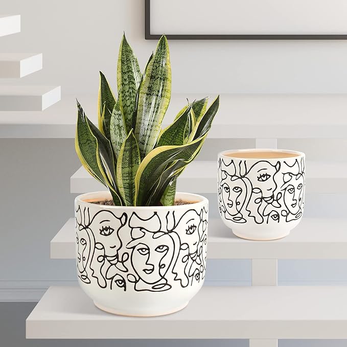 Docrin Plant Pots Indoor with Drainage : 6.6+5.4 Inch Ceramic Flower Pots for Plants - Set of 2 Modern Decorative Face Planters for House/Office/Gift - /Black and White