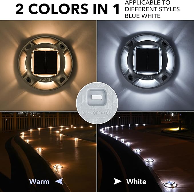 AGPTEK Solar Driveway Lights Outdoor 4 Pack, 2 Color Modes LED Deck Dock Marine Waterproof Driveway Marker Lights for Step Sidewalk Stair Garden Pathway Walkway Yard (Warm White/Cool White)