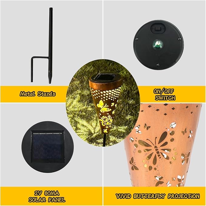 2 Pack Butterfly Solar Pathway Lights Outdoor,Metal Garden Decorations Outdoor Lights with Patterns and Warm Light,Waterproof Landscape Lighting for Path Patio Backyard Walkway Yard