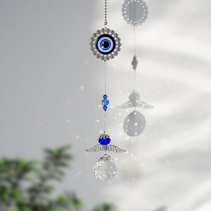Handmade Crystal Angel Suncatcher Hanging Turkish Blue Evil Eye Protection Pendant and Good Luck Charm Gift