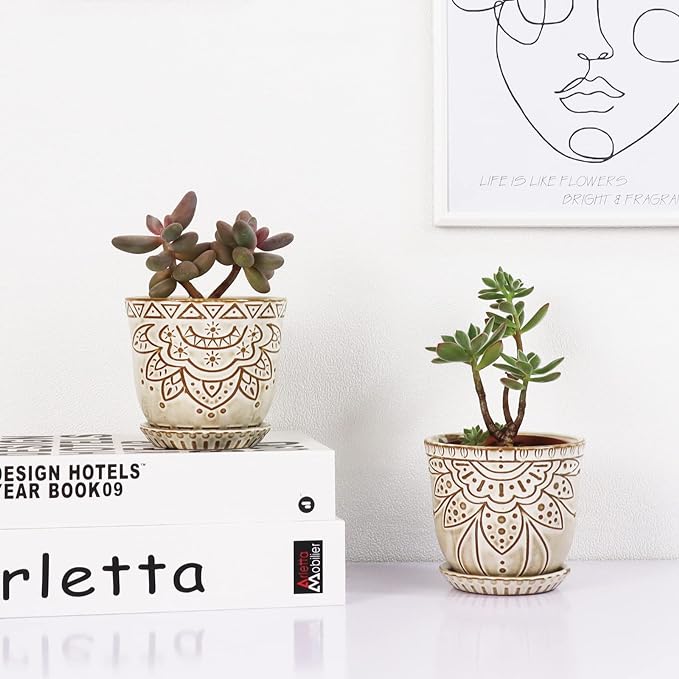Gepege Succulent Pots, 4 Inch Small Indoor Ceramic Planter Pot with Drainage Holes and Saucers for Plants- Creamy White - Set of 4