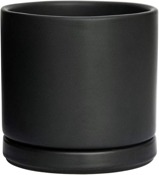 D'vine Dev Ceramic Planter Pot with Drainage Hole and Saucer, Indoor Cylinder Round Flower Pot, 4.6 Inch, Black, 94-O-B-2