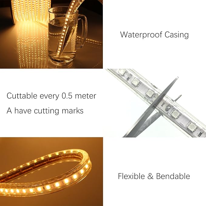 5050-60 Type AC 110-120V RGB LED Strip Lights, Flexible/Waterproof/Dimmable/Multi-Colors/Multi-Modes LED Rope Light + 24 Keys Remote for Home/Garden/Building Decoration (32.8ft/10m, RGB)
