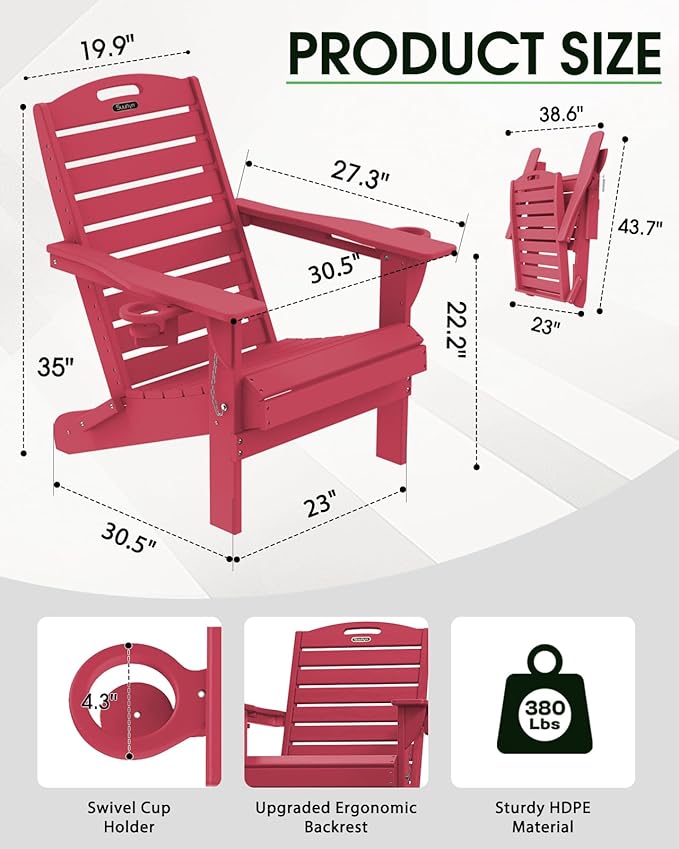 Folding Adirondack Chair HDPE All-Weather Adirondack Chairs with Cup Holder, Outdoor Fire Pit Chairs Lawn Chair for Deck Patio Garden (Red)