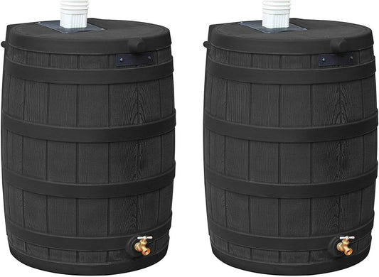 Good Ideas Rain Wizard 50 Gallon Plastic Outdoor Home Water Storage Tank Rain Barrel Collector with Brass Spigot and Flat Back Design, Black, 2 Pack