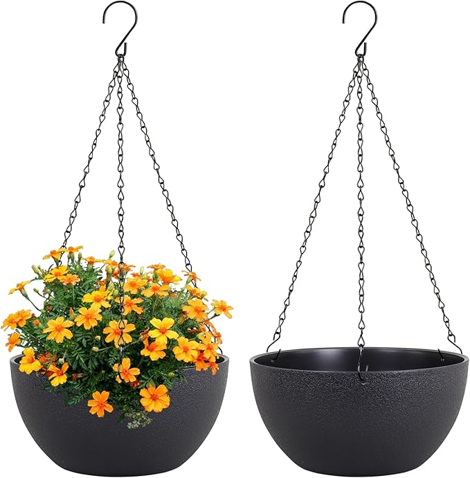 8 inch Small Hanging Planters Plant Pots for Indoor Outdoor Plants, 2 Pack Hanging Flower Pots with Drainage Holes and Chain for Garden Porch, Plastic Hanging Baskets for House Plants, Black