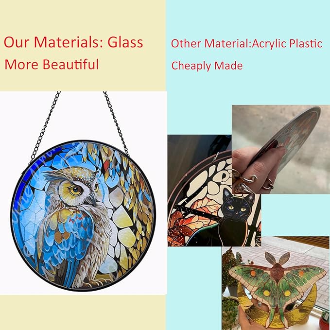 Hanging Stained Glass for Windows,20cm/7.87inch Owl Suncatcher Stained Glass Garden Hangings Ornaments Mother's Day Valentine's Day Halloween Fall Christmas Decor for Home (B Style)