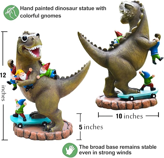 Garden Statue Outdoor Decoration, Cool Dinosaur Play Skateboard with Gnomes Figurines, Indoor Outdoor Decor Art for Patio Lawn Yard, Housewarming Garden Gift…