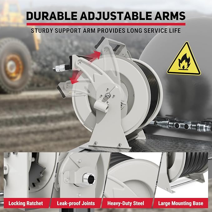 Diesel Fuel Hose Reel Retractable 1" x 50' with Fueling Nozzle Diesel Hose Reel 300 PSI Industrial Auto Swivel Heavy Duty Steel Construction for Farm Ship Vehicle Tank