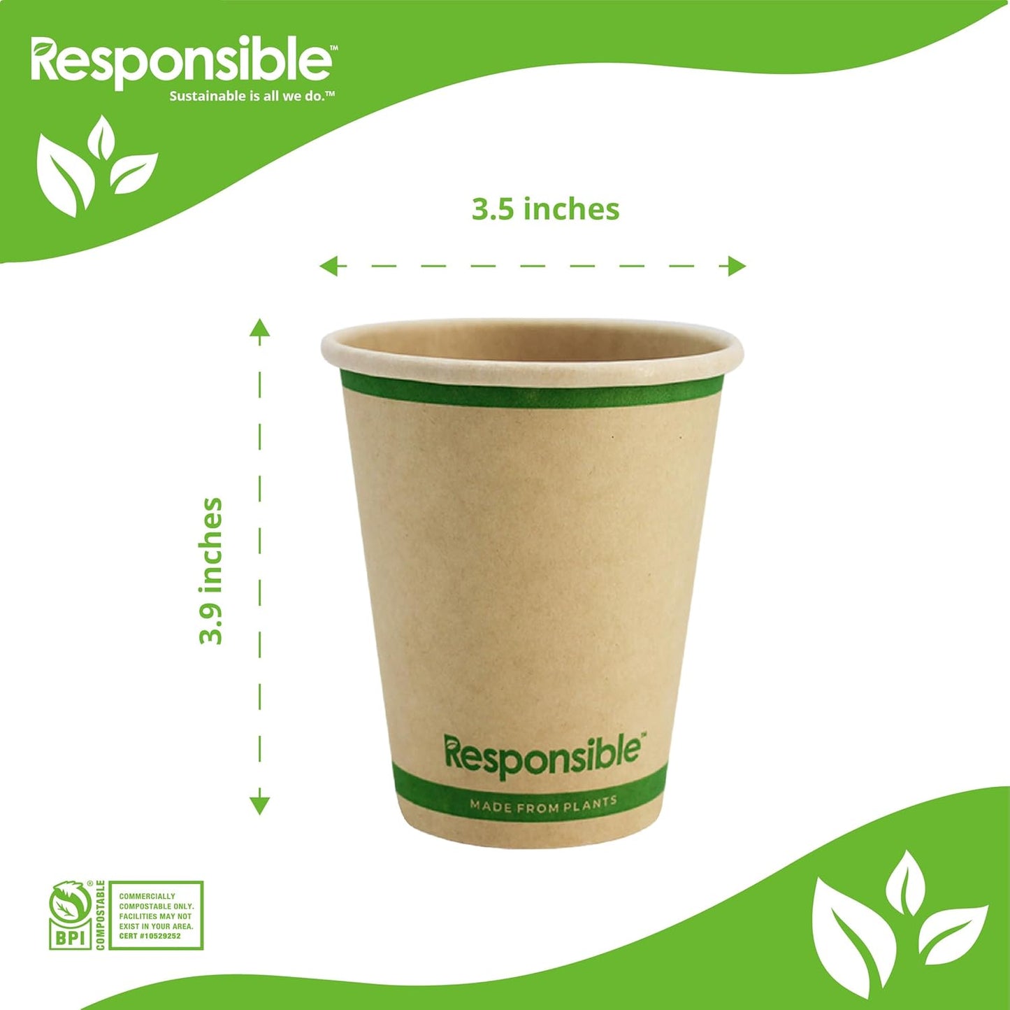 10 oz Paper Hot Cups Bulk, Tree-Less™ Compostable Paper Coffee Cups, Extra Strength, Tree-Free and Made Without PFAS, Natural Brown (1000 Count)