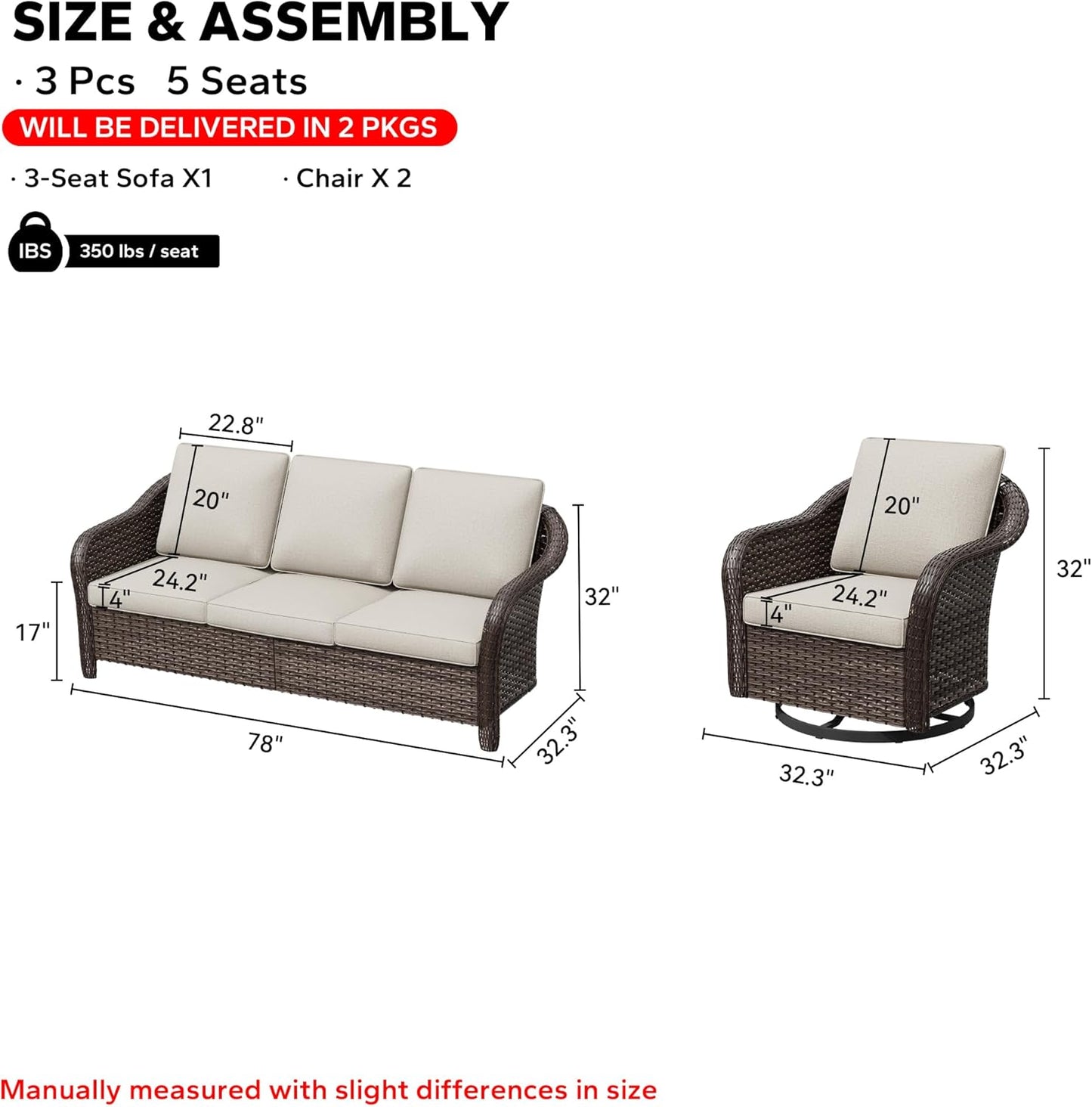 3 Pieces Patio Conversation Set, 78" Wicker 2-Seat Couch with Washable Cushions, Wicker 360 Degree Swivel Glider Rocker Chairs, Sofa for Garden, Lawn (Beige)