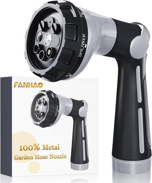 FANHAO Garden Hose Nozzle Heavy Duty, 100% Metal Water Hose Sprayer with 8 Spray Patterns, High Pressure Spray Nozzle Thumb Control On Off Valve for Lawn & Plant Watering, Car & Pet Washing - Silver