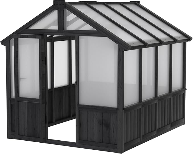 6x8 FT Greenhouse Kit for Outdoor, Thickened Polycarbonate Panel Wooden Walk-in Green House with Lockable Door and Adjustable Roof Vent, Backyard Garden, Black