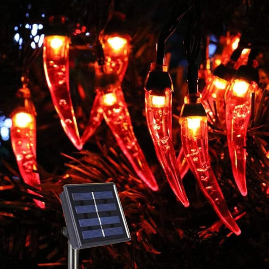 100 LED Chili Shape Fairy String Lights, Solar Operated, Red, 10m Length, Outdoor Use, Wedding, Christmas Decoration