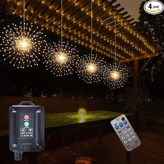 4 Pcs 800LED Solar Starburst Sphere Lights,Firework Lights Remote Control Timer 8 Modes Dimmable Waterproof Hanging Fairy Lights, Sparkly Lights for Patio Garden Tent Outdoor(Warm White)