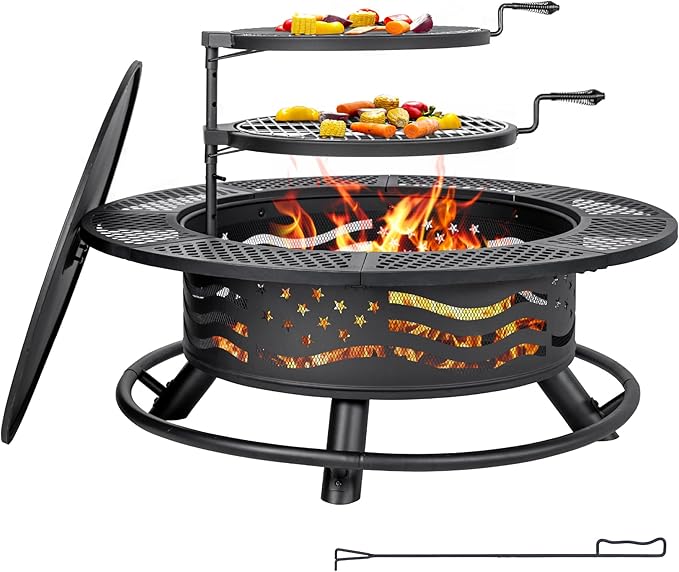 42 Inch Fire Pit with 2 Cooking Grates, Outdoor Wood Burning BBQ Grill Firepit Bowl with Cover Lid, Steel Round Table for Backyard Bonfire Patio Picnic (Black, 42)