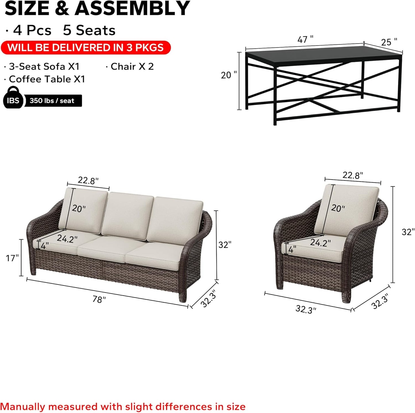 4 Pieces Patio Outdoor Conversation Furniture Set, 78" 3-Seat Couch, 2 Chairs, 47" Metal Coffee Table, Rattan Wicker Sofa with Washable Cushions for Garden, Deck (Beige)