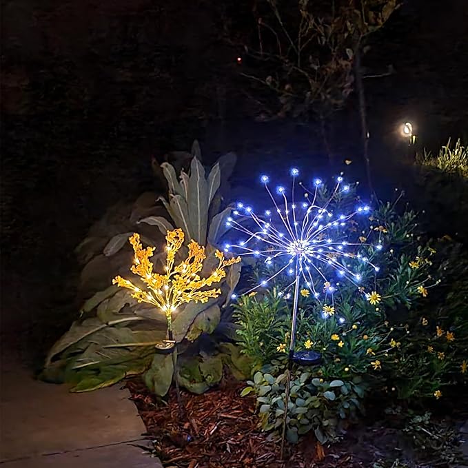 Anordsem Solar Garden Lights Solar Lights Outdoor Decor Lights DIY Dimmable Multi-Color Artificial Tree Solar LED Fireworks Stake Lights Auto ON-Off for Garden Pathway Christmas Halloween 2-P