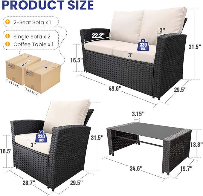 5 Piece Patio Furniture Set with 43" Propane Fire Pit Table, Outdoor Wicker Conversation Set, Rattan Modern Sectional Sofa Couch with Coffee Table for Backyard Porch Garden Poolside, Black-Beige