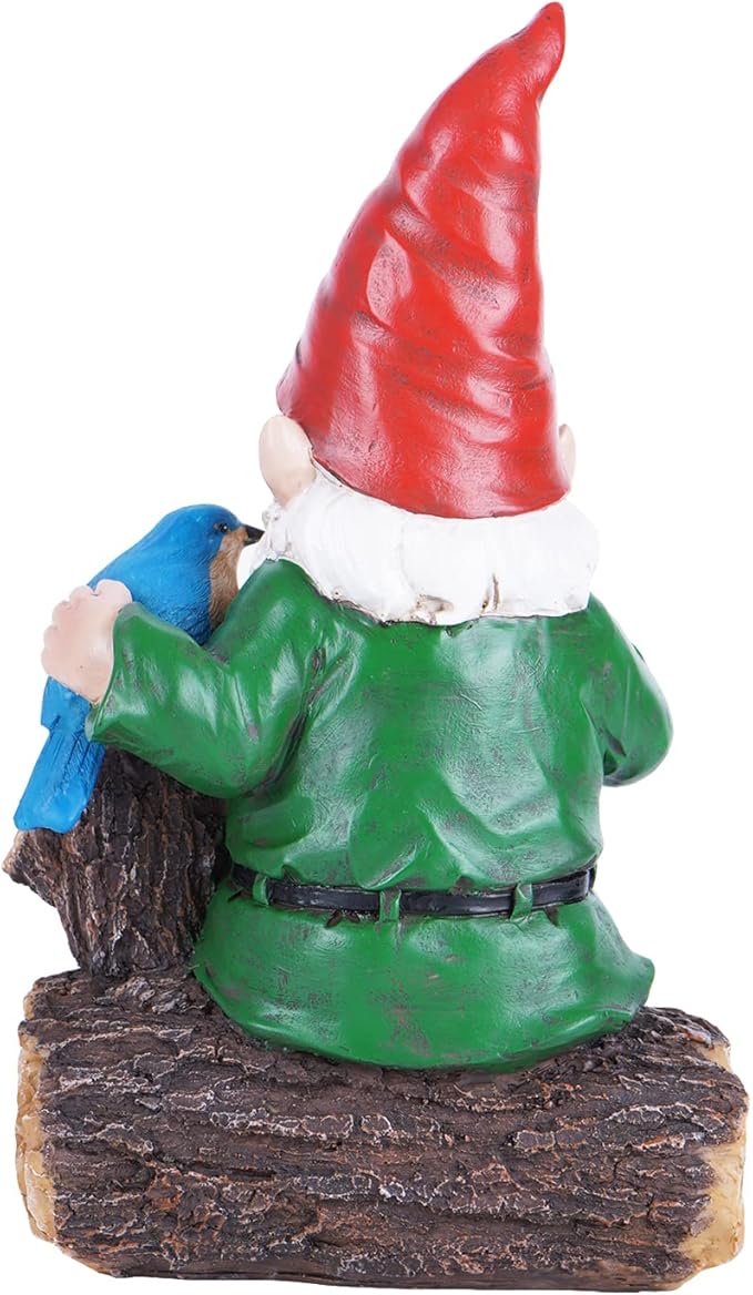 Garden Gnome Statues with Bird Resin Sculpture Gnome Sitting on The Stump Outdoor Statues for Outdoor Garden Decor