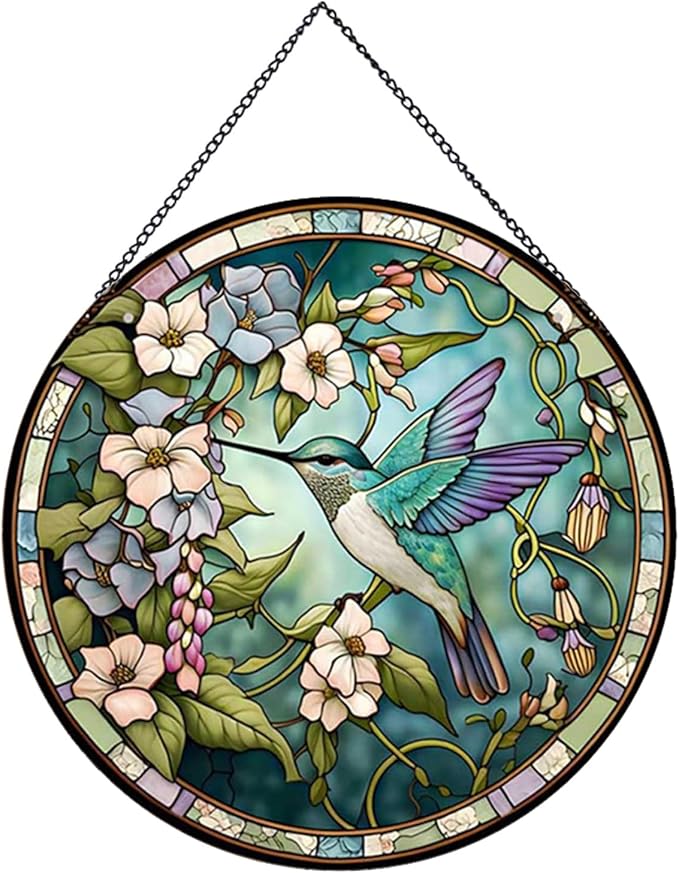Hummingbirds and Flowers Pattern Stained Glass Suncatchers for Windows,Hanging Stained Glass Suncatcher,20cm/7.87inch Hand-Painted Sun Catcher Garden Painted Glass Panel Decor Themed Gift