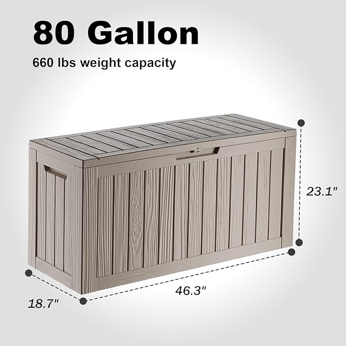 80 Gallon Outdoor Storage Box - Deck Box Container for Patio, Pool, and Garden-Waterproof and UV Resistant Resin,Lockable (Grey)