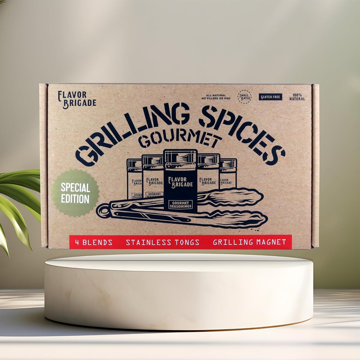 Flavor Brigade Gourmet Grilling Spices Gift Set for Guys, Dad, Men, BBQ Grill Accesories, Smoker, Seasonings, Rub, Steak, Burgers, Chicken, Fish & Stainless Tongs (4 Bags, 7 Piece Set)