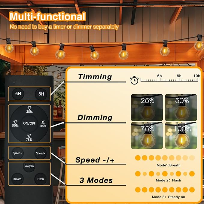 DAYBETTER 200FT Solar String Lights Outdoor Waterproof with Remote,100 LED Bulbs Dimmable&Timer,Patio Lights 3 Installation-Clips,Stakes&Nails for Outside Porch Garden Backyard Bistro