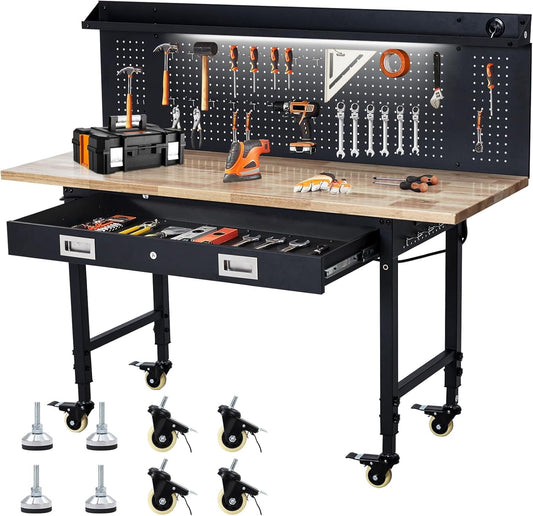60'' Adjustable Workbench, Heavy Duty Workbench with Drawer and Backplate, 2000 LBS Capacity Work Table with Power Outlet and Lockable Wheels, Suitable for Office, Garage, Workshop