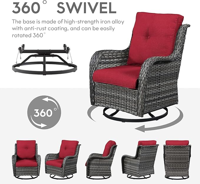 5 Pieces Patio Wicker Furniture Set - 4 Outdoor Swivel Rocker Glider Chairs with 50000BTU Propane Fire Pit Table, Warm Patio Conversation Set Red Cushion Perfect for Casual Gathering