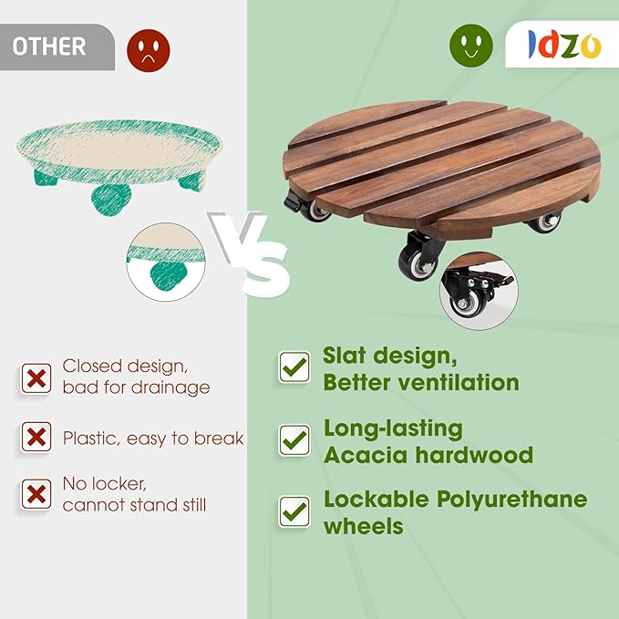 2pack Wood Plant Caddy With Wheels Heavy Duty Red Brown, 264 Lbs Capacity, 12 Inch Acacia Hardwood Plant Dolly, Plant Stand with 360° Lockable Wheels for Plant Pots, Heavy Objects Hauling