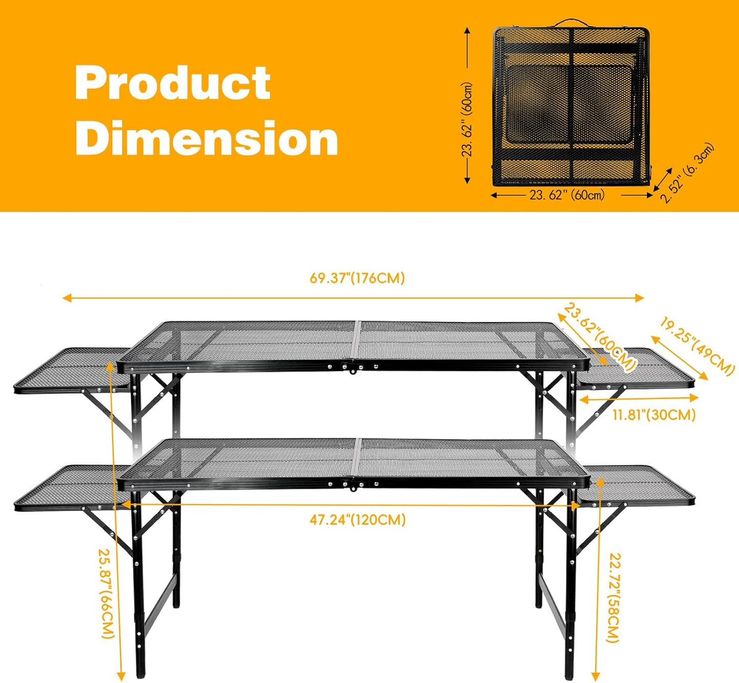 Grill Table Folding Table with 2 Wing Panels 4FT+1.77 FT with Mesh Desktop 3 Height Adjustable Portable Grill for Outdoor Indoor Beach BBQ Picnic Travel RV Black 69.3 x 23.62 inch