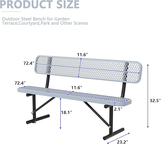 Heavy Duty Park Bench with Back Portable Frame, Outdoor Steel Bench with Backrest, Outdoor Park Bench Expanded Metal Mesh Bench for Lawn, Park, Deck, Garden, Patio, Porch, Black (Gray, 6FT)
