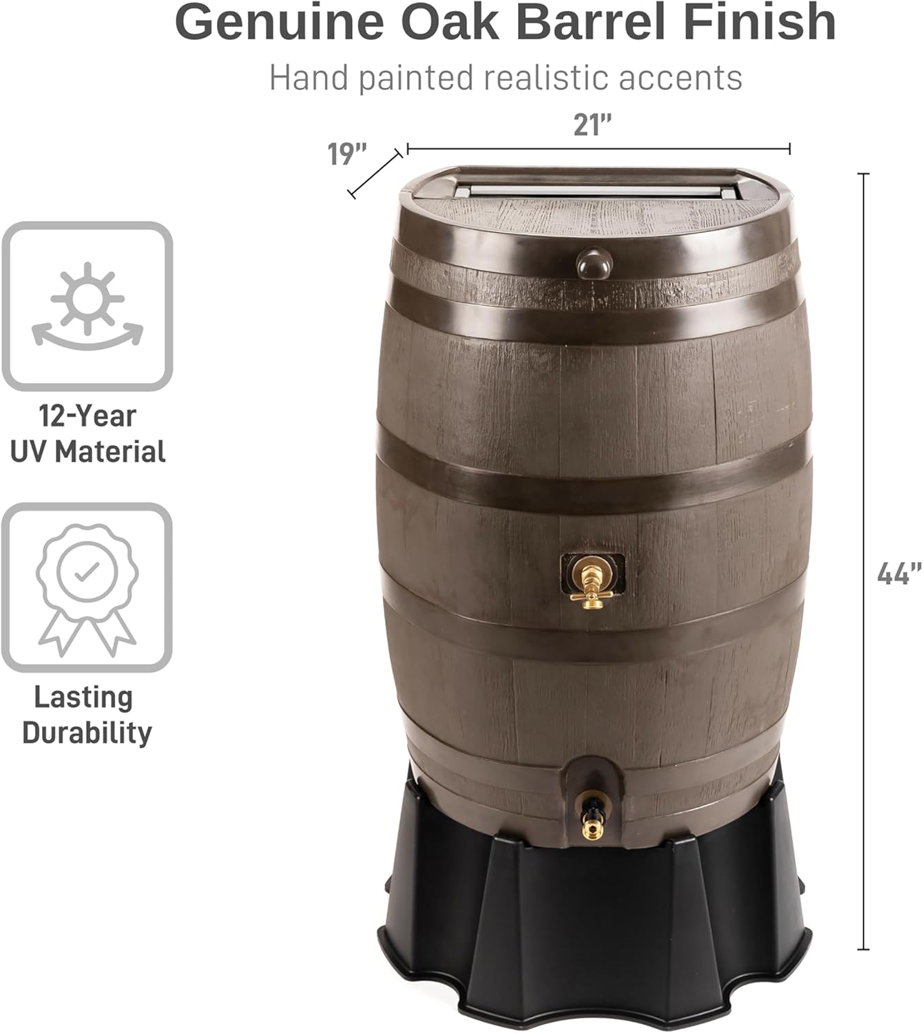 50-Gallon Dual Spigot Rain Barrel, Flat Back Rain Water Collection Barrel, Stand Included, Walnut Color