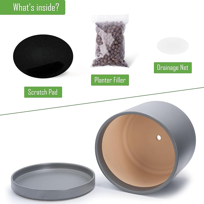 D'vine Dev 14 Inch Ceramic Planter Pot with Drainage Hole and Saucer, Indoor Cylinder Round Planter Pot, Speckled Grey, 94-O-G-3