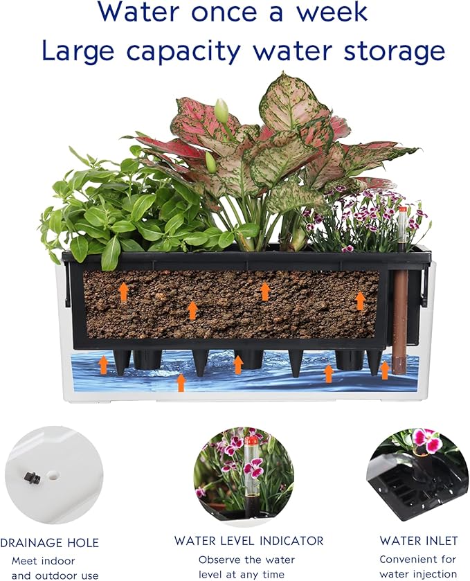 GardenBasix Elongated Self Watering Planter Pots Window Box 5.5 x 16 inch Indoor Home Garden Modern Decorative Planter Pot for All House Plants Flowers Herbs (White,1-Pack)